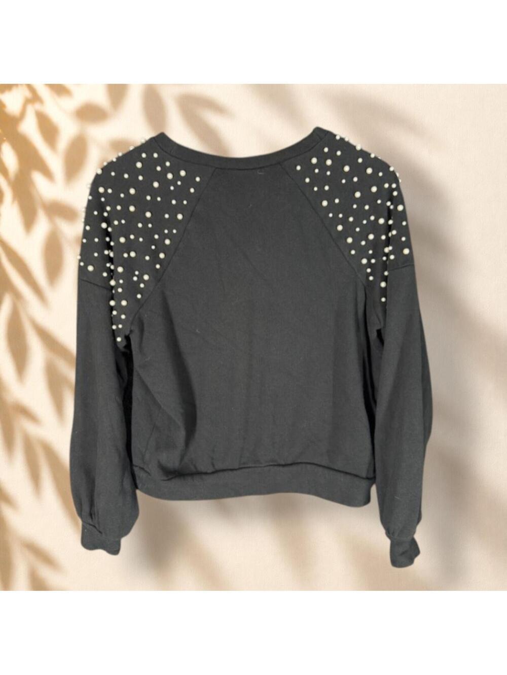 Express Sweatshirt Women XS Black Beaded Long Sleeve Crew Neck Pullover Cotton - Picture 2 of 7